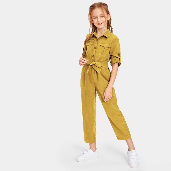 

Girls Half Placket Pocket Front Belted Shirt Jumpsuit