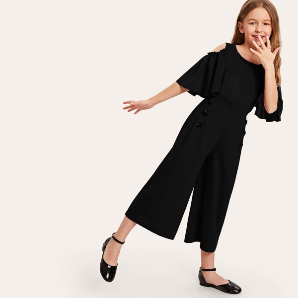 

Girls Cold Shoulder Flutter Sleeve Wide Leg Jumpsuit, Black