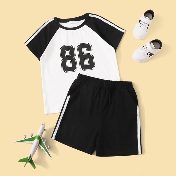 

Boys Striped Raglan Sleeve Top and Shorts PJ Set, Black and white