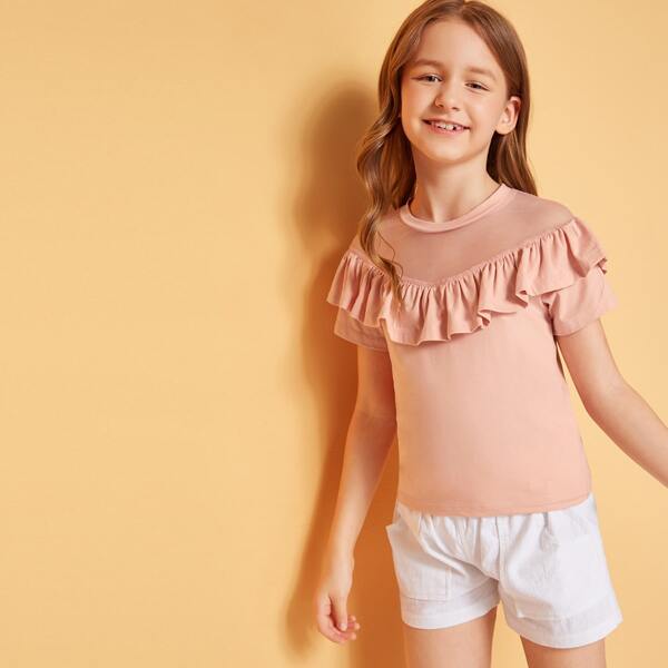 

Girls Mesh Insert Ruffle Trim Top