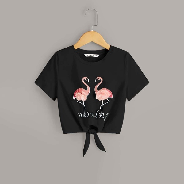 

Girls Applique Detail Flamingo and Letter Knot Tee, Black