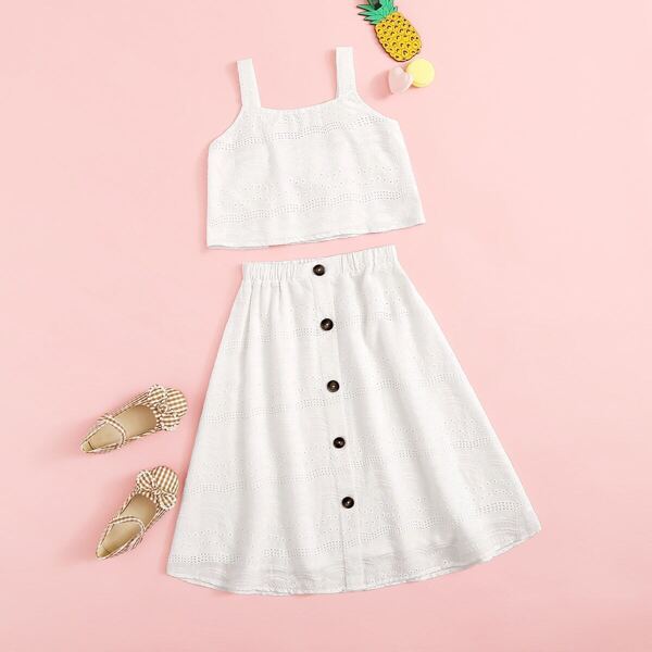 

Girls Schiffy Top and Button Front Skirt Set, White