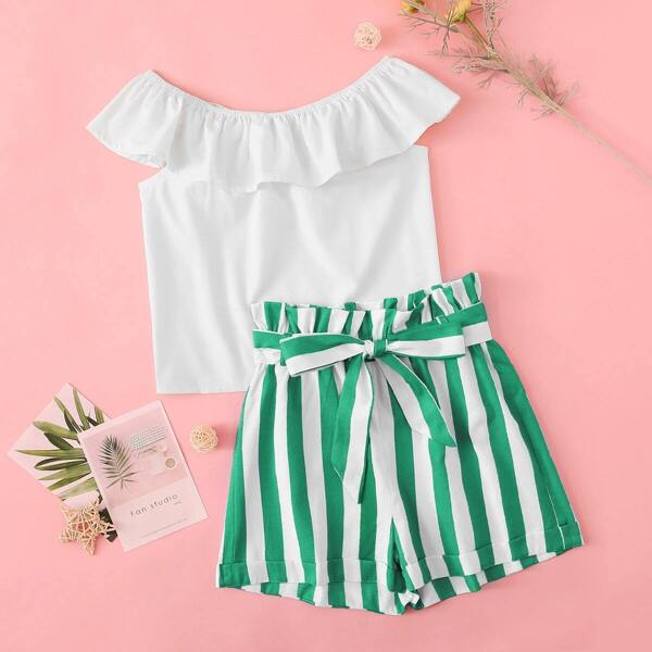 

Girls Ruffle Bardot Top & Striped Belted Shorts Set