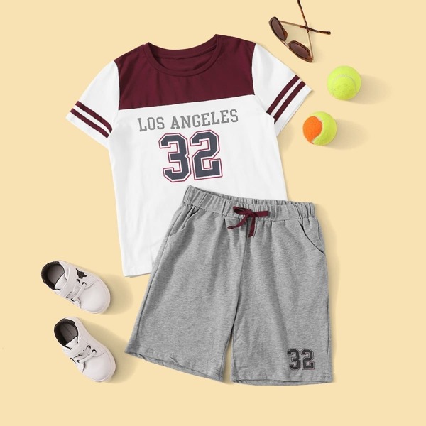 

Boys Varsity Print Top & Slant Pocket Shorts Set