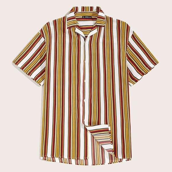 

Men Revere Collar Striped Shirt, Yellow