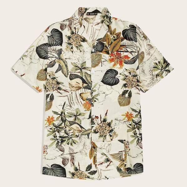 

Men Botanical Print Revere Collar Shirt