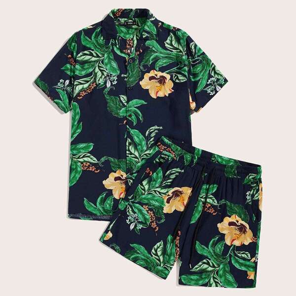

Men Tropical Print Shirt & Drawstring Waist Shorts Set