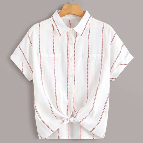 

Rolled Cuff Striped Blouse, White