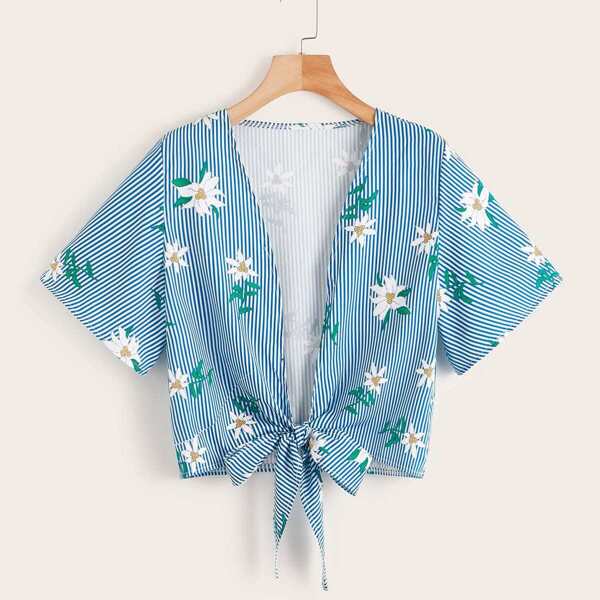 

Floral Print Striped Knot Hem Blouse