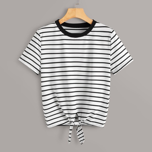 

Striped Knot Hem Tee, Black and white