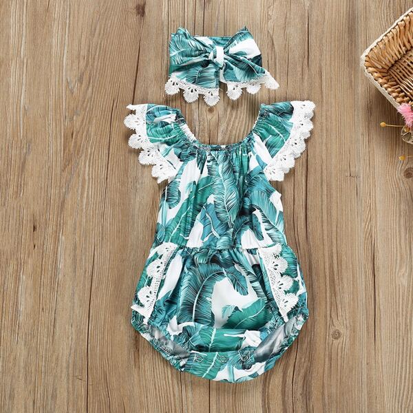 

Toddler Girls Tropical Print Lace Panel Romper With Headband