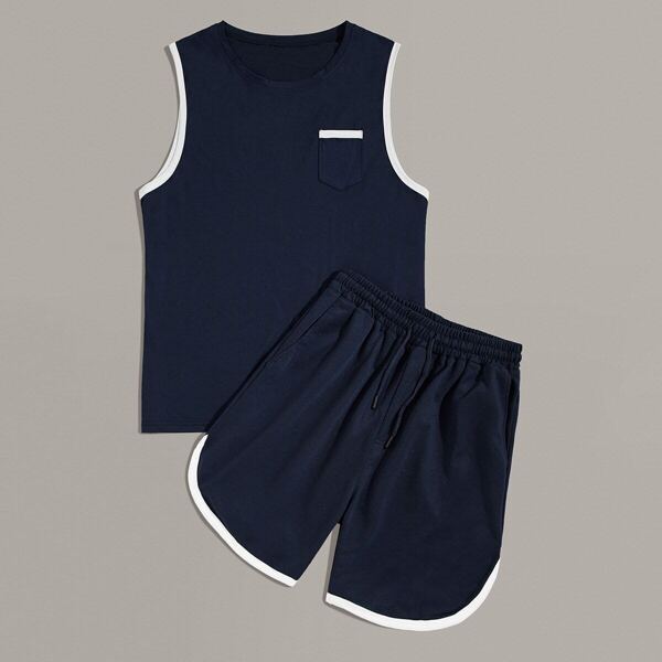 

Men Contrast Binding Tank Top & Drawstring Waist Shorts