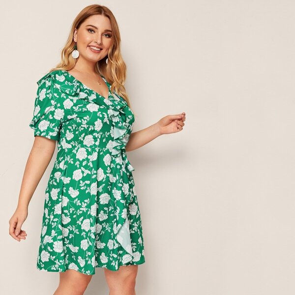 

Plus Floral Print Ruffle Trim V-neck Dress, Green