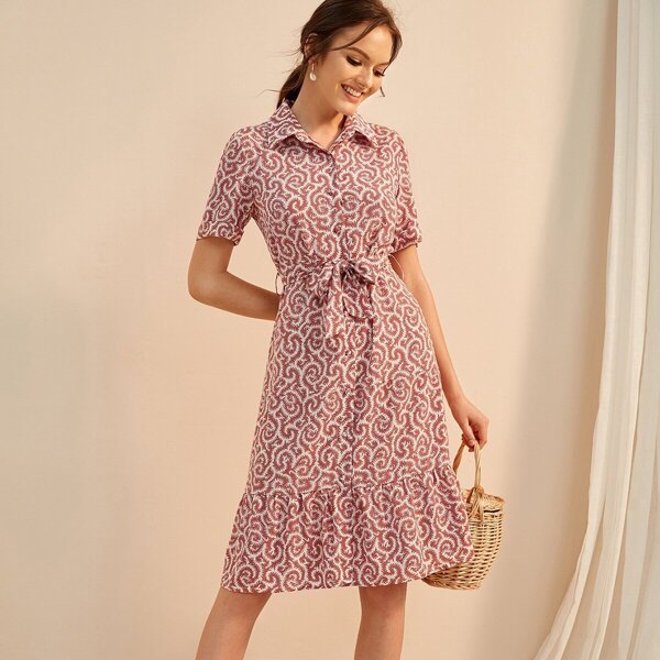 

Plants Print Ruffle Hem Self Tie Shirt Dress