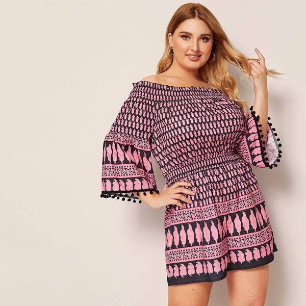

Plus Off The Shoulder Pompom Trim Tribal Print Romper