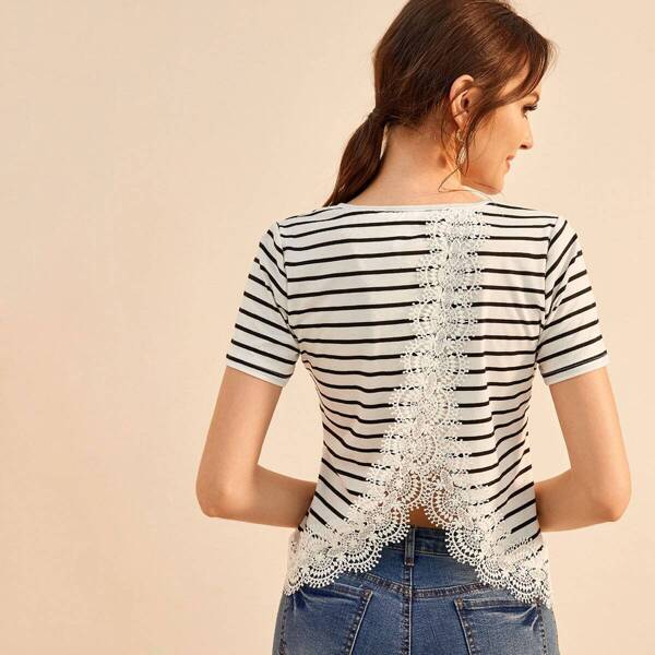 

Contrast Lace Tulip Hem Striped Tee, Black and white