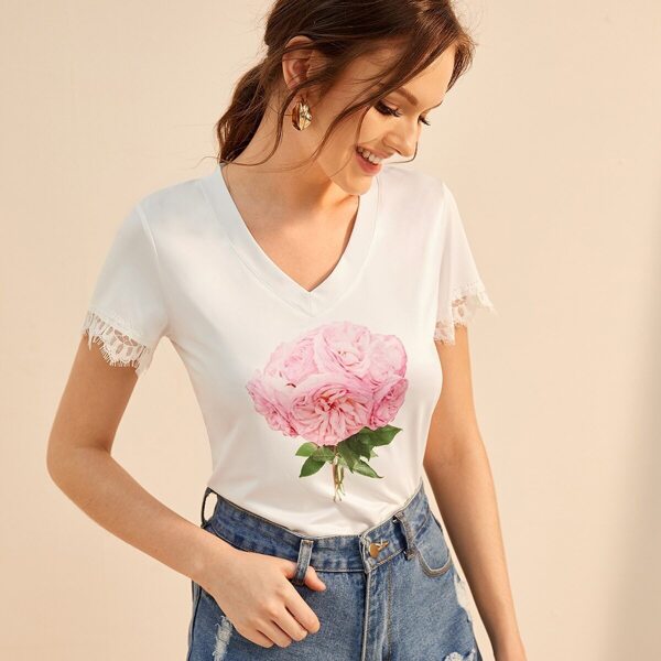 

Large Floral Print Contrast Lace Tee
