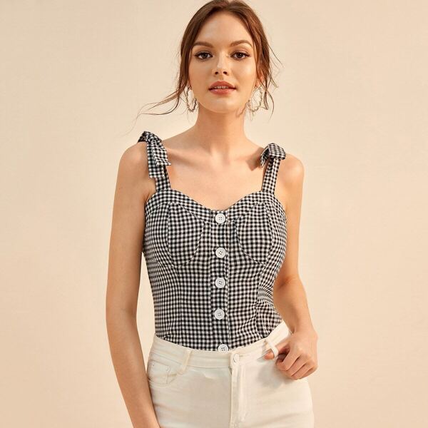 

Gingham Button Front Straps Top