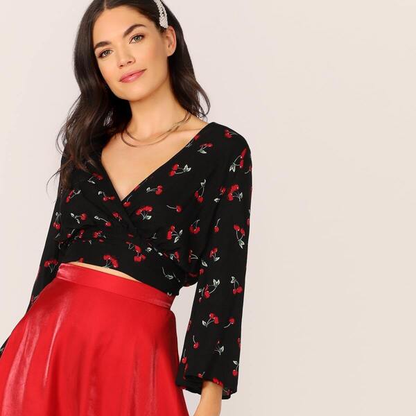 

Bell Sleeve Surplice Wrap Tie Back Cherry Top, Black