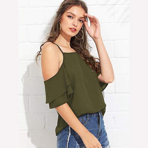 

Solid Cold Shoulder Layered Sleeve Top