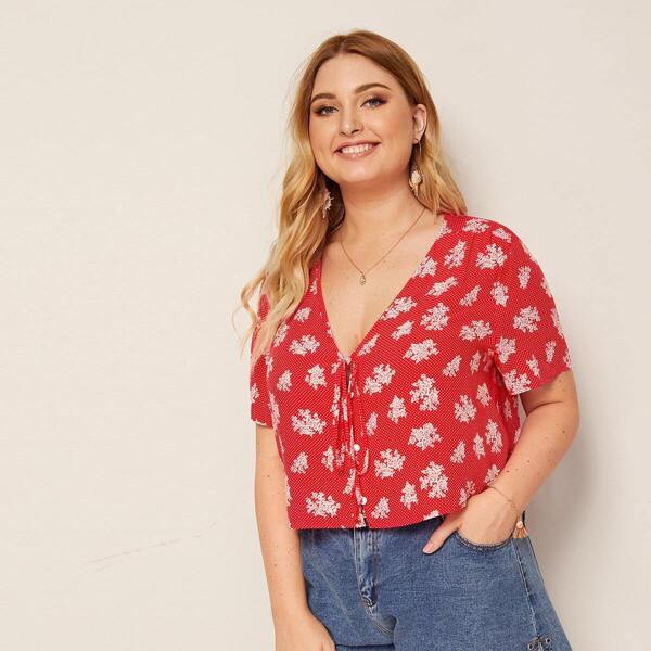 

Plus Floral & Polka Dot Print Knot Boxy Blouse