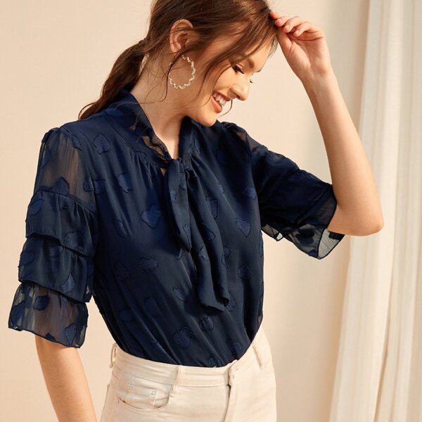 

Layered Sleeve Tie Neck Embroidered Blouse