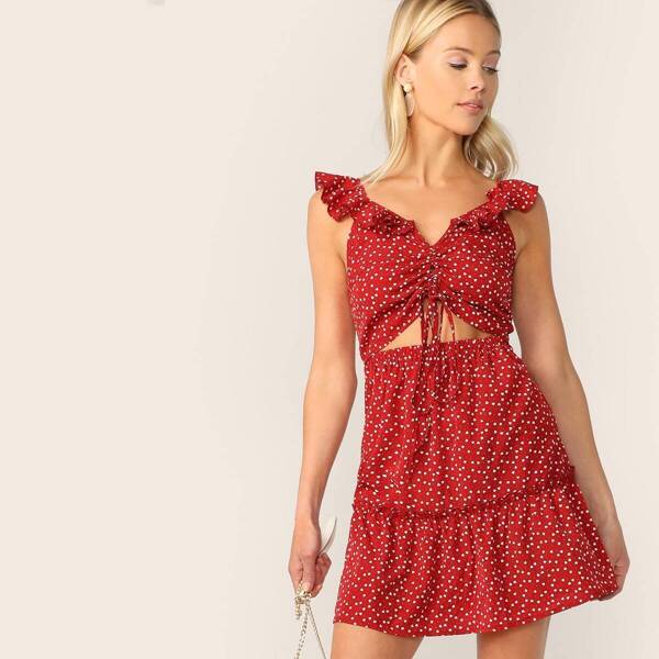 

Ruffle Trim Drawstring Ruched Front Peekaboo Dress