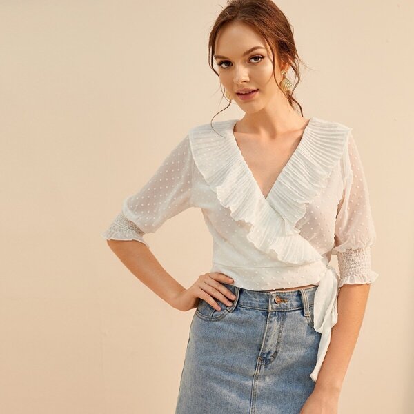 

Swiss Dot Ruffle Trim Knot Side Wrap Blouse