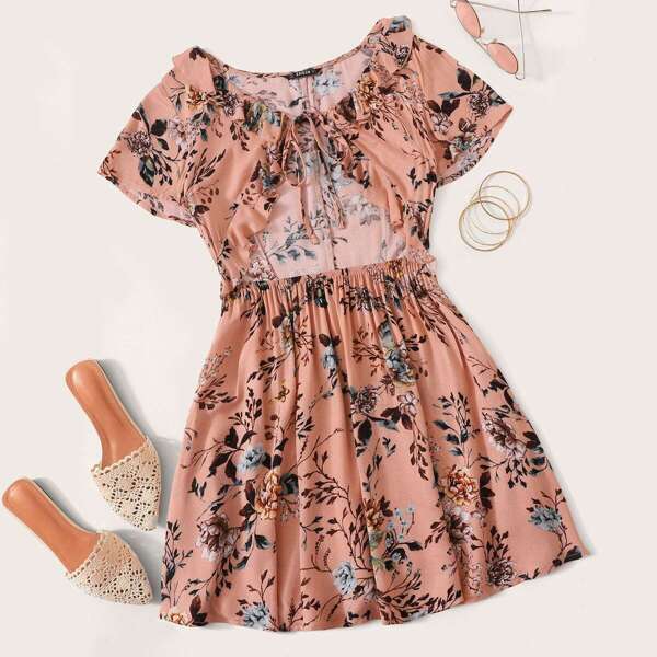 

Botanical Print Tie Cutout Front Ruffle Dress