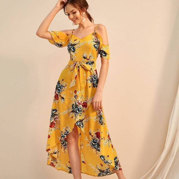 

Floral Print Cold Shoulder Tulip Hem Dress, Yellow