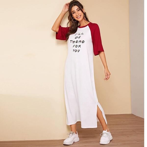 

Slogan Graphic Raglan Sleeve Split Side Dress, White