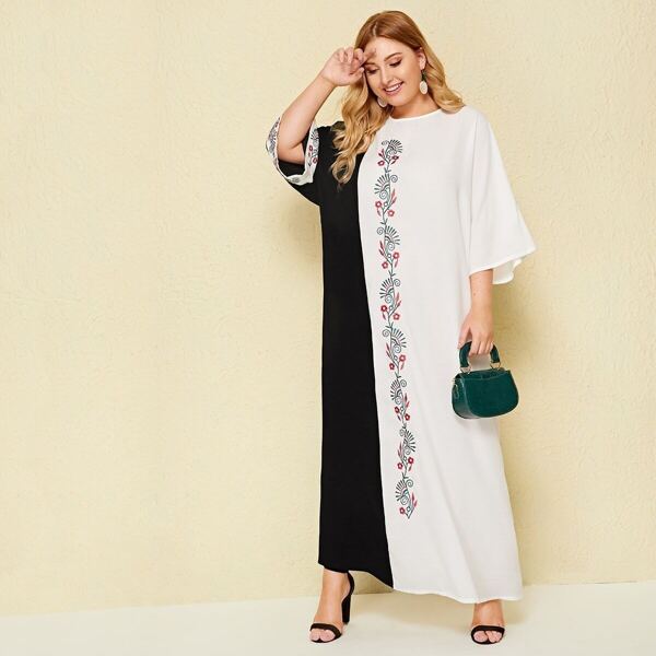 

Plus Embroidered Floral Two Tone Tunic Maxi Dress, Black and white