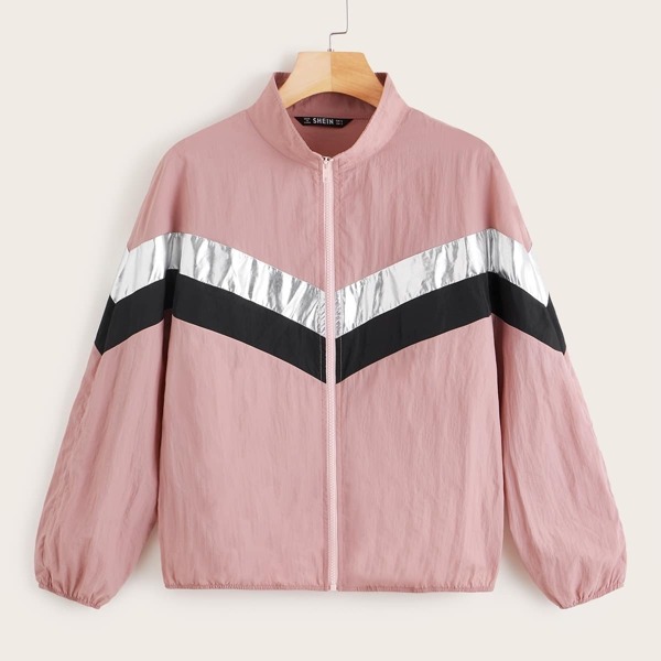 

Zip Up Cut-and-Sew Metallic Chevron Jacket