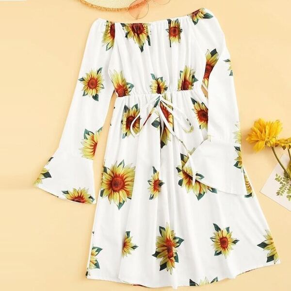 

Plus Sunflower Print Flounce Sleeve Off Shoulder Dress