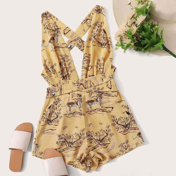 

Landscape Print Tied Crisscross Backless Romper, Beige
