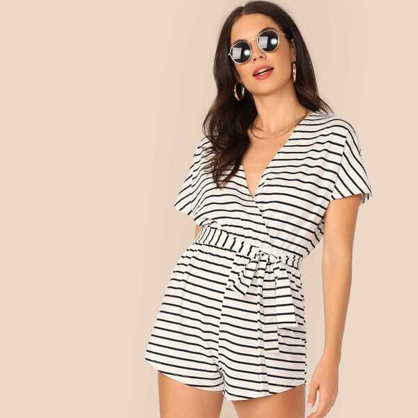 

Surplice Wrap Striped Belted Romper, White