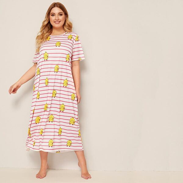 

Plus Duck Print Striped Nightdress, Multicolor