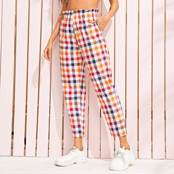 

Paperbag Waist Slant Pocket Side Plaid Pants