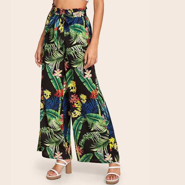 

Paperbag Waist Tropical Print Wide Leg Pants, Multicolor