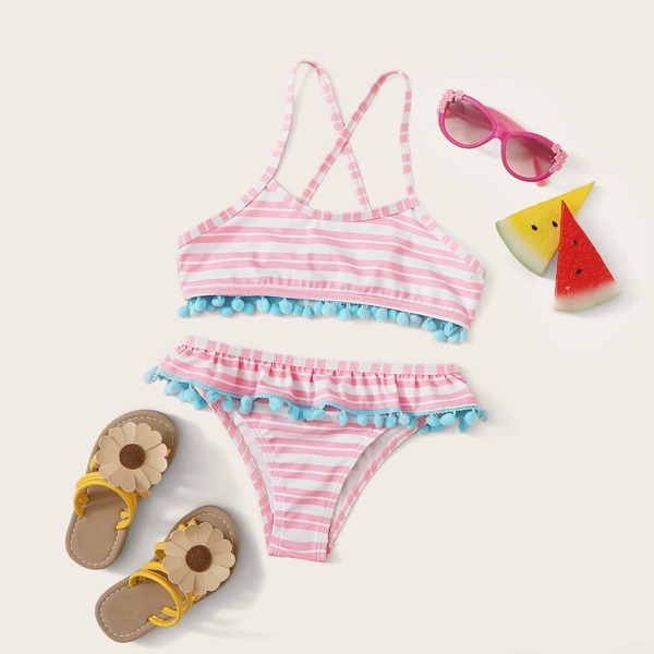 

Girls Striped Pom-pom Trim Bikini Set, Pink pastel