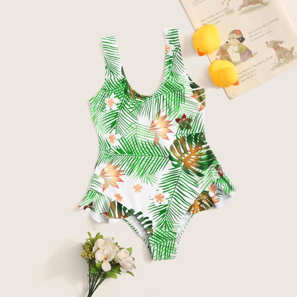 

Girls Plant Ruffle Hem One Piece Swim, Multicolor