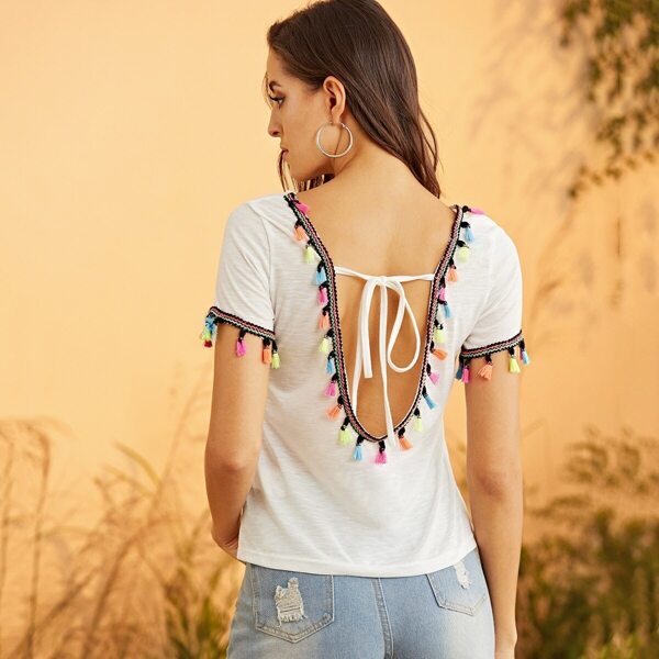 

Tie Back Colorful Pompom Detail Top