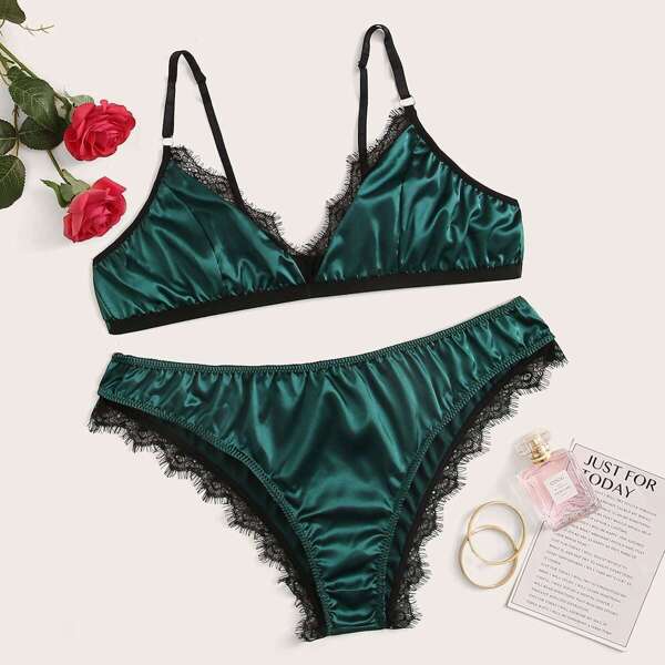 

Plus Contrast Lace Satin Lingerie Set