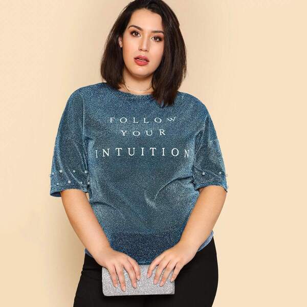 

Plus Pearl Beaded Letter Glitter Top