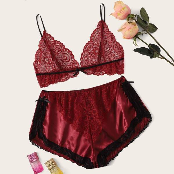 

Plus Floral Lace Bralette With Satin Shorts