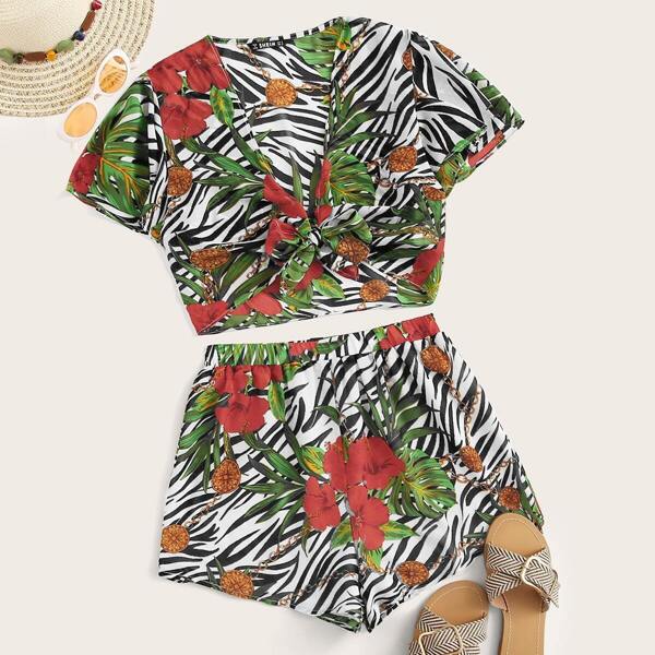 

Zebra & Tropical Print Knotted Top & Shorts Set, Multicolor