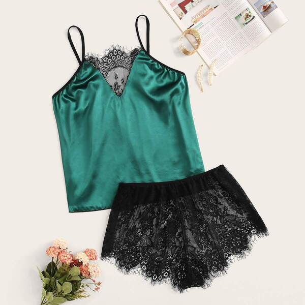

Plus Contrast Lace Satin Cami Top With Shorts, Green