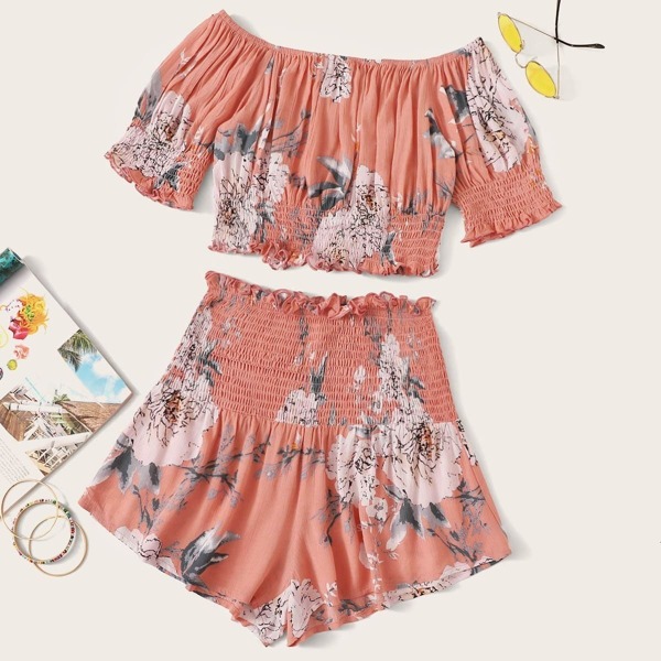 

Off Shoulder Frilled Floral Top & Shirred Shorts Set, Pink