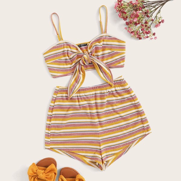 

Knot Front Striped Ribbed Bralette Top & Shorts Set, Multicolor