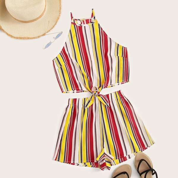 

Tie Hem Striped Halter Top and Shorts Set